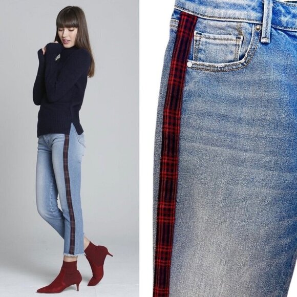 Driftwood Colette Straight Crop Fray Hem Plaid tuxedo stripe Jeans Denim Size 26 - Picture 1 of 9